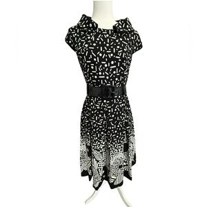 JAX Black White Graphic Polka Dot Fit & Flare Dress Belted Retro Cocktail DressS
